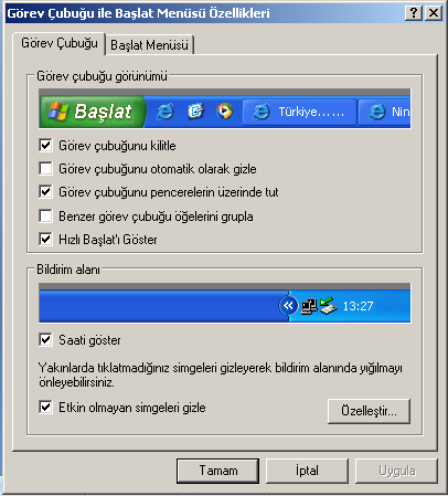 Görev Çubuğu Ekranın alt kısmı boyunca uzanan ve başlat düğmesini de içeren masaüstündeki çubuğa Görev Çubuğu denir. Bilgisayarda çalışmakta olan programları temsil eden düğmeler bu çubukta görünür.