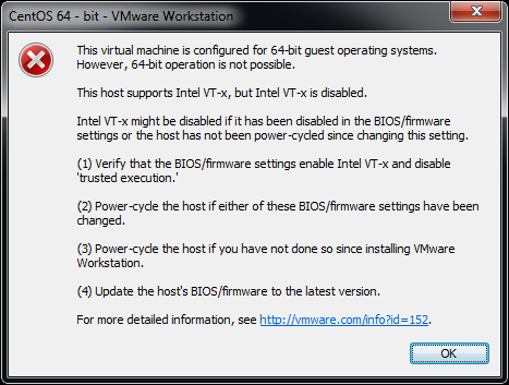 Bu hata BIOS ta Virtualization un(vt-x) disabled olduğunu ve işleme devam edebilmek