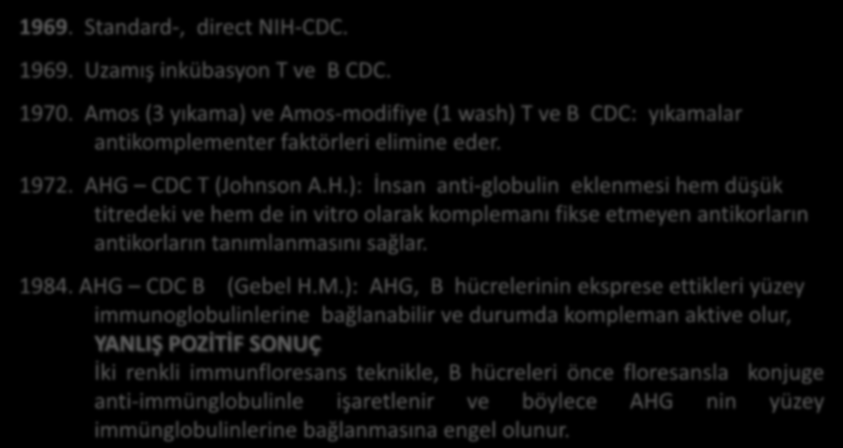 CM (1) 1969. Standard-, direct NIH-CDC. 1969. Uzamış inkübasyon T ve B CDC. 1970. Amos (3 yıkama) ve Amos-modifiye (1 wash) T ve B CDC: yıkamalar antikomplementer faktörleri elimine eder. 1972.