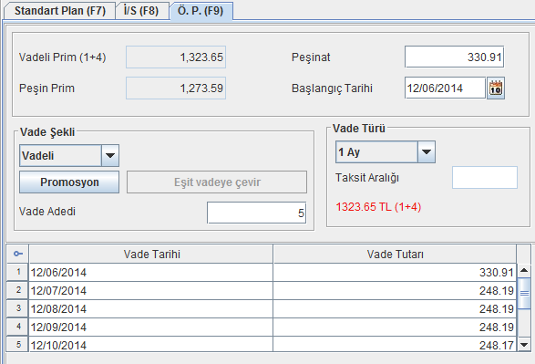 ÖDEME PLANI Ekran görüntüsü Ödeme planı ekranından vade şekli, Peşin veya vadeli (%25 peşin, kalan tutar girilen vade sayısına bölünen eşit taksitler halinde) olarak seçilebilmektedir.