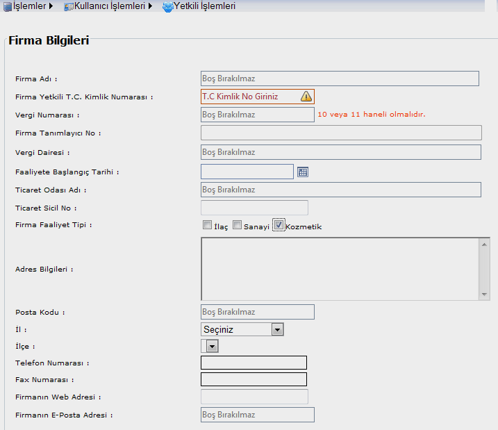 İlk kez kayıt yapacak firmalar öncelikle Şekil 1 de ekranda altta yer alan Firma Kayıt sekmesine tıklamalı ve açılan Firma ve Firma