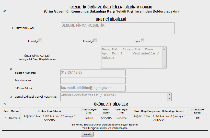 Daha sonra Bildirim Formu Oluştur butonu tıklanmalıdır. Şekil 31. Bildirim Formu ekranı görüntüsü.