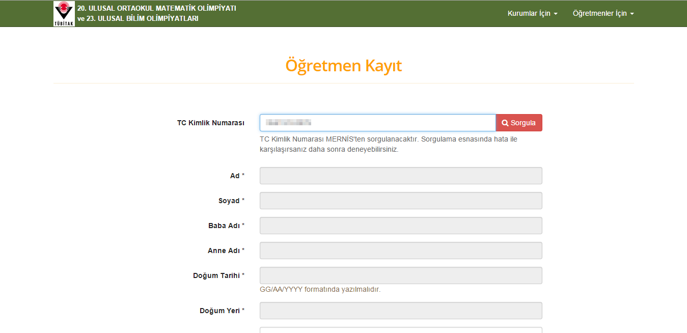 ekranın sağ üst bölümünde yer alan Öğretmenler İçin menüsü altında yer alan Kayıt Ol butonuna tıklayınız (bk. Resim 1). Resim 1 Daha sonra, gelen ekrandaki bütün alanları doldurunuz.