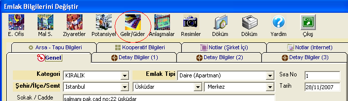 Hangi Ģekilde girilirse girilsin aģağıdaki menü açılacaktır. Ġlgili emlak ile ilgili hiçbir harcama yapılmamıģ ise bu menü boģ gelecektir. Bu menüde Yeni simgesi tıklanır.