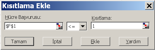 Hedef Ara ve Çözücü 7 x Kısıtlamaların yazılışına gelince: Ekle düğmesi tıklandığında ekrana şekil x de görülen Kısıtlama Ekle isimli iletişim kutusu gelir.