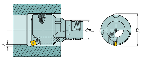 DLİK DLM Derin delik delme - jektör sistemi T-MAX delik genişletme kafası 424.31 - müşteri talebiyle üretilir Tek değiştirilebilir kesici uç tasarımı Çap aralığı 65,00 mm (2.