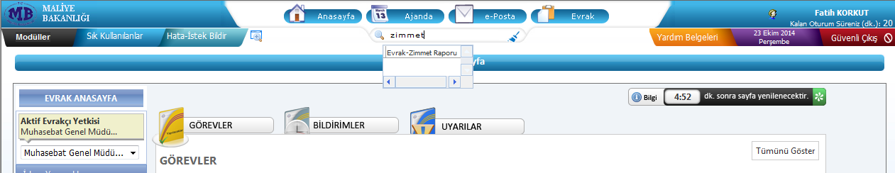 Giden Evrak Zimmet Raporu Evrak personelinin evrakları fiziksel olarak teslim ederken rapor aldıkları