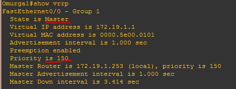 Yedeklilik durumu görüldüğü gibi, yönlendirici aktif (Master) durumdadır. Priority değeri konfigurasyonda da görüldüğü gibi 100 dür.