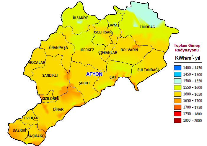 Afyokarahisar İli Yeileebilir Eerji Potasiyeli 47 Ege bölgesii iç batı kesimide yer ala Afyokarahisar ili ise 1550-1650 kwh/m 2 -yıl güeş eerjisi radyasyoua sahiptir.