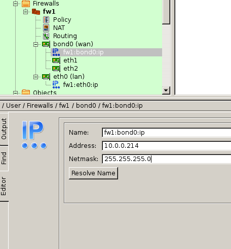 14. Oluşan bond0:ip satırına tıklanarak Firewall Builder ekranında ip adres ayarlarının açılması sağlanır.