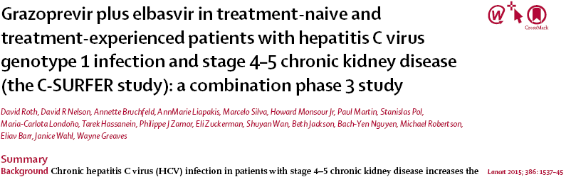 Evre 4-5 kronik böbrek hastalığı olan tedavi deneyimli/naif genotip-1 HCV li 224 olguya, Grazoprevir (100mg/gün) + elbasvir