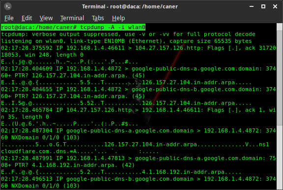 3.Yakalanan paketleri ASCII formatına çevirmek (tcpdump -A ) Tcpdump ın -A