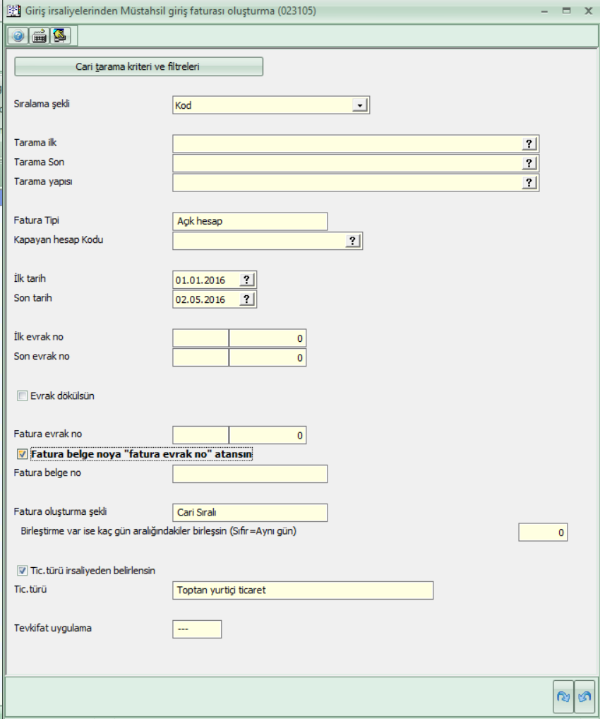 11-Giriş irsaliyelerinden Müstahsil giriş faturası oluşturma (023105) ekranından oluşan müstahsil makbuzlarında, fatura