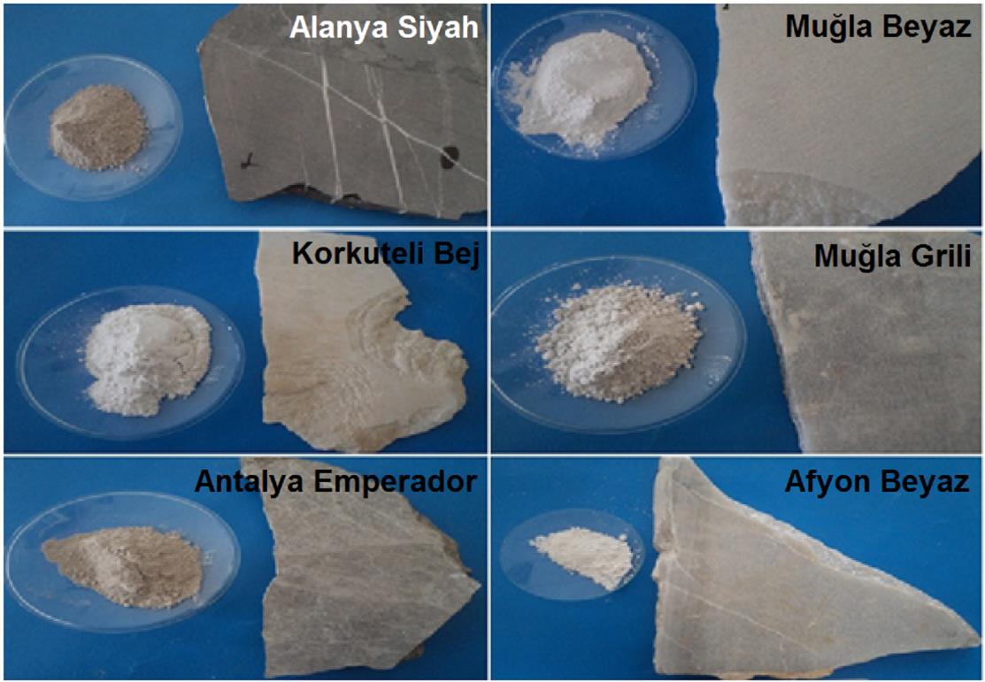 Teknolojik Araştırmalar: YTED 2015(1) 11-17 Katrak İle Kesim Sonucunda Çıkan Mermer. Şekil 2. Mermer türlerine ait katrakta kesim sonucu oluşan toz atıkları ve parça görüntüleri. 3.