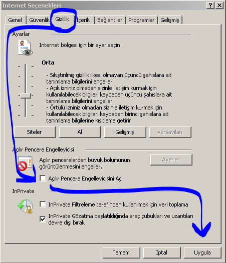 İnternet seçenekleri Gizlilik sekmesinde Açılır Pencere Engelleyicisini Aç seçeneğinin işaretlenmemiş olması