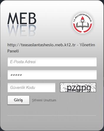 Mebpanel Kısmına Giriş Okulunuzun web sayfası ile ilgili her türlü işlemleri yapacağınız mebpanel arayüzüne girebilmek için öncelikle okulunuzun web sayfası adresinin sonuna /mebpanel ekleyerek