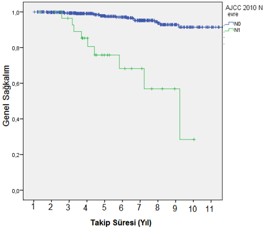 4.2.5 N Evresine Göre Genel Sağkalım Hem RP sonrası kurtarma RT si uygulanan, patolojik N değerlendirmesi yapılan hastalar hem de radikal RT uygulanan LN durumu klinik olarak değerlendirilen