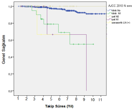 Tüm hastalar patolojik ya da klinik olarak ayrı ayrı incelenmiştir. Klinik N0 hastalardaki genel sağkalım klinik N1 (P < 0.001), patolojik N1 (P < 0.001) ve paraaortik LN(+) hastalardan iyidir (P=0.