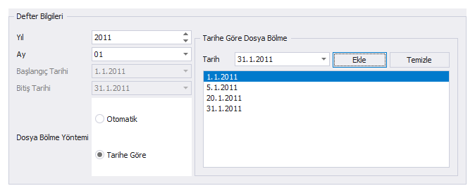 Tarihe göre bölme yöntemi seçildiğinde başlangıç ve bitiş tarihi alanları pasif oluğ, sağ taraftaki tarih alanı aktif hale gelecektir.