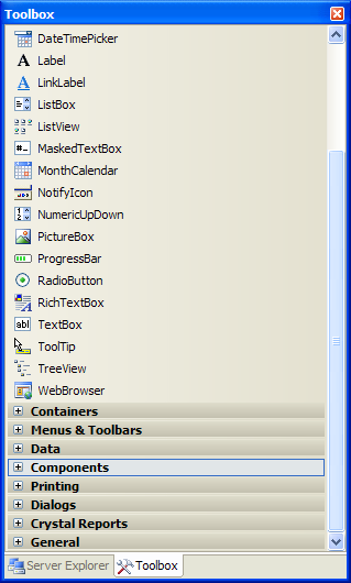 Visual Studio 2005 IDE Toolbox aynı amaca yönelik olan kontrolleri aynı grup içinde barındırarak daha düzenli ve daha kolay erişim yöntemi sunmuştur.