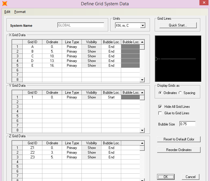 o X Grid Data bölümündeki listede bulunan 0, 5, 10,13,16 (X doğrultusunda açıklıkların mesafeleri kümülatif toplandı ) sayıları sırayla yazılır.