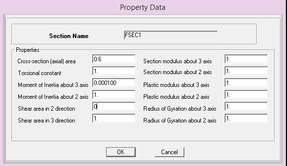 o Açılan pencerede Cross section Area (Kesit alanı) 0.6, o Moment Of Inertıa About 3 Axis (3 Ekseni Atalet Momenti) 0.