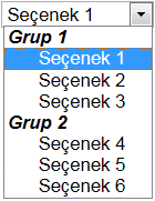 Listedeki seçenekleri gruplandırmak için <optgroup>...</optgroup> etiketleri kullanılır. Burada bu etiketleri iç içe yazmamaya dikkat ediniz. Şu şekilde kullanılır.
