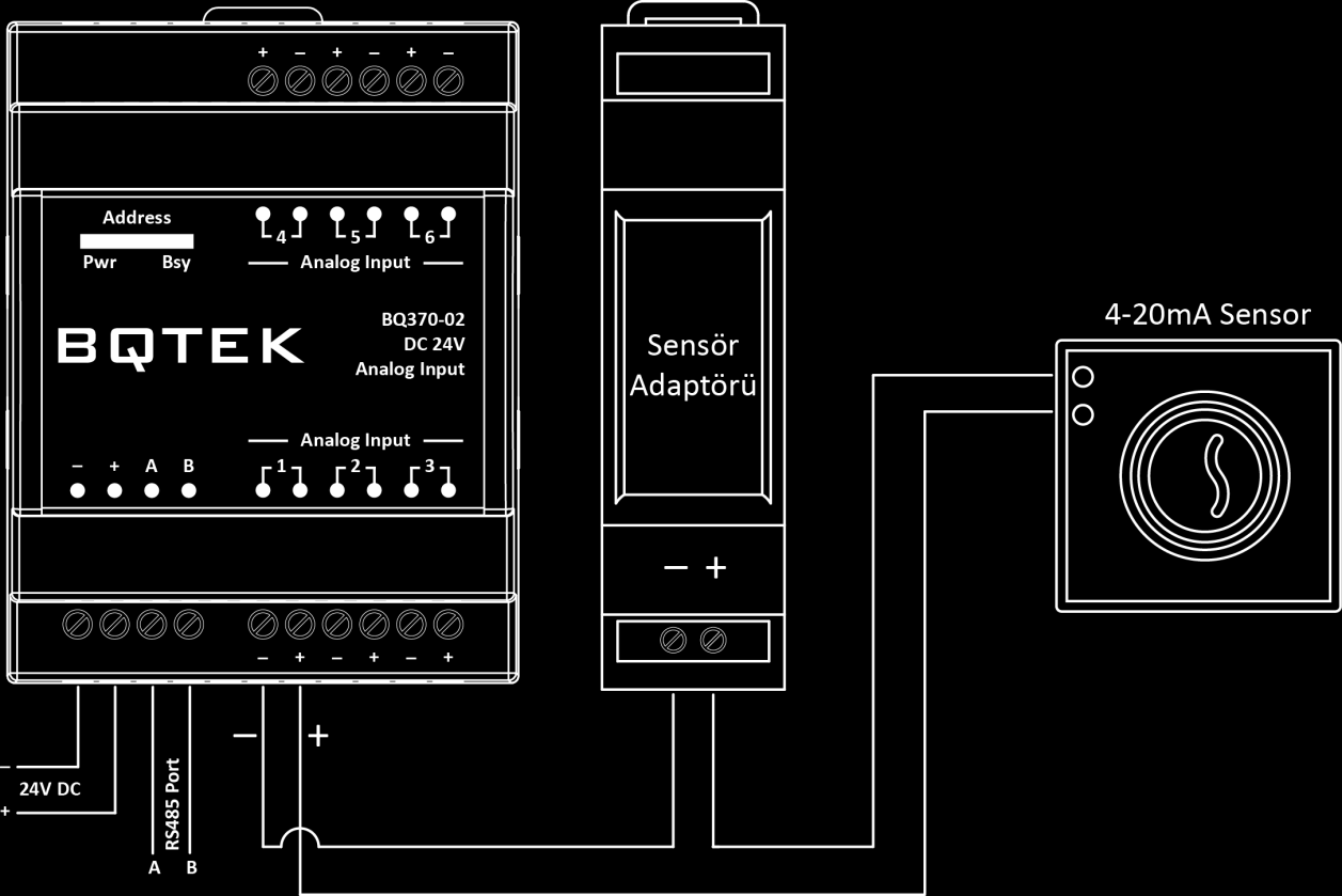 3. Bağlantı Şeması Cihaz 24V DC gerilim ile çalışır. Şekilde gösterildiği gibi eksi ve artı uçları cihazın uygun girişine bağlayınız.