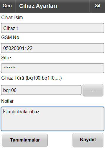 Cihaz Ayarlarını Değiştir, Yeni Cihaz Ekle ve Cihaz Sil seçeneklerinin ekran görüntüsü aşağıdaki gibidir. Cihaz İsim: Uygulama üzerinde görünecek cihazın ismi.