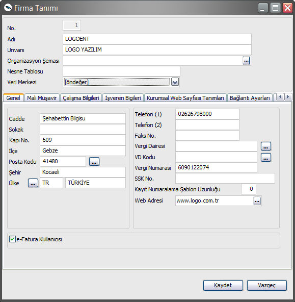 LOGO ÜRÜNLERİNDE E-FATURA Logo e-fatura Ayarları Firma Tanımı