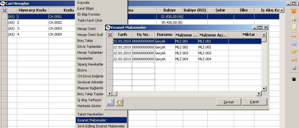 Emanet malzemeler penceresinde üzerinde seçilen cari hesaba ait emanet seçeneği işaretlenerek kaydedilmiş satış faturalarına bağlı satış irsaliye satırları yer alır.
