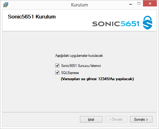 4 Kuruluma başlamak için Next/Sonraki butonuna tıklayınız Sonic5651 Sunucu bir Windows hizmetidir. Sonic5651 İstemci bir Windows Masaüstü uygulamasıdır.