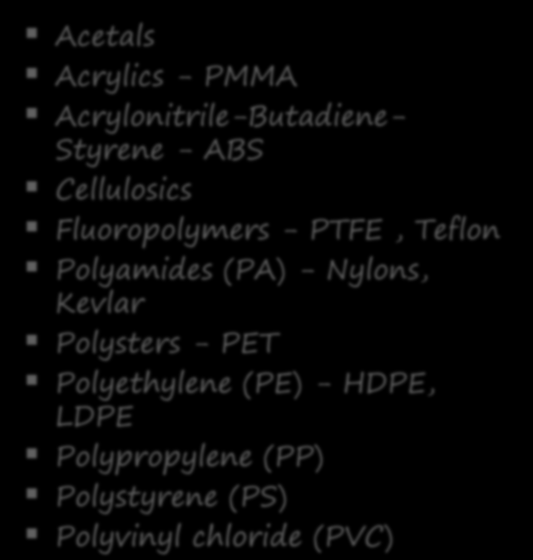 TERMOPLASTİK POLİMERLER Acetals Acrylics - PMMA Acrylonitrile-Butadiene- Styrene - ABS Cellulosics Fluoropolymers - PTFE, Teflon