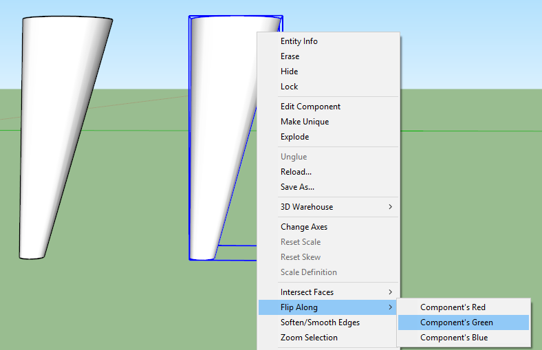 2. Nesne üzerinde sağ tıklayıp Flip Along komutunu seçtikten sonra, Component s Green seçilir.
