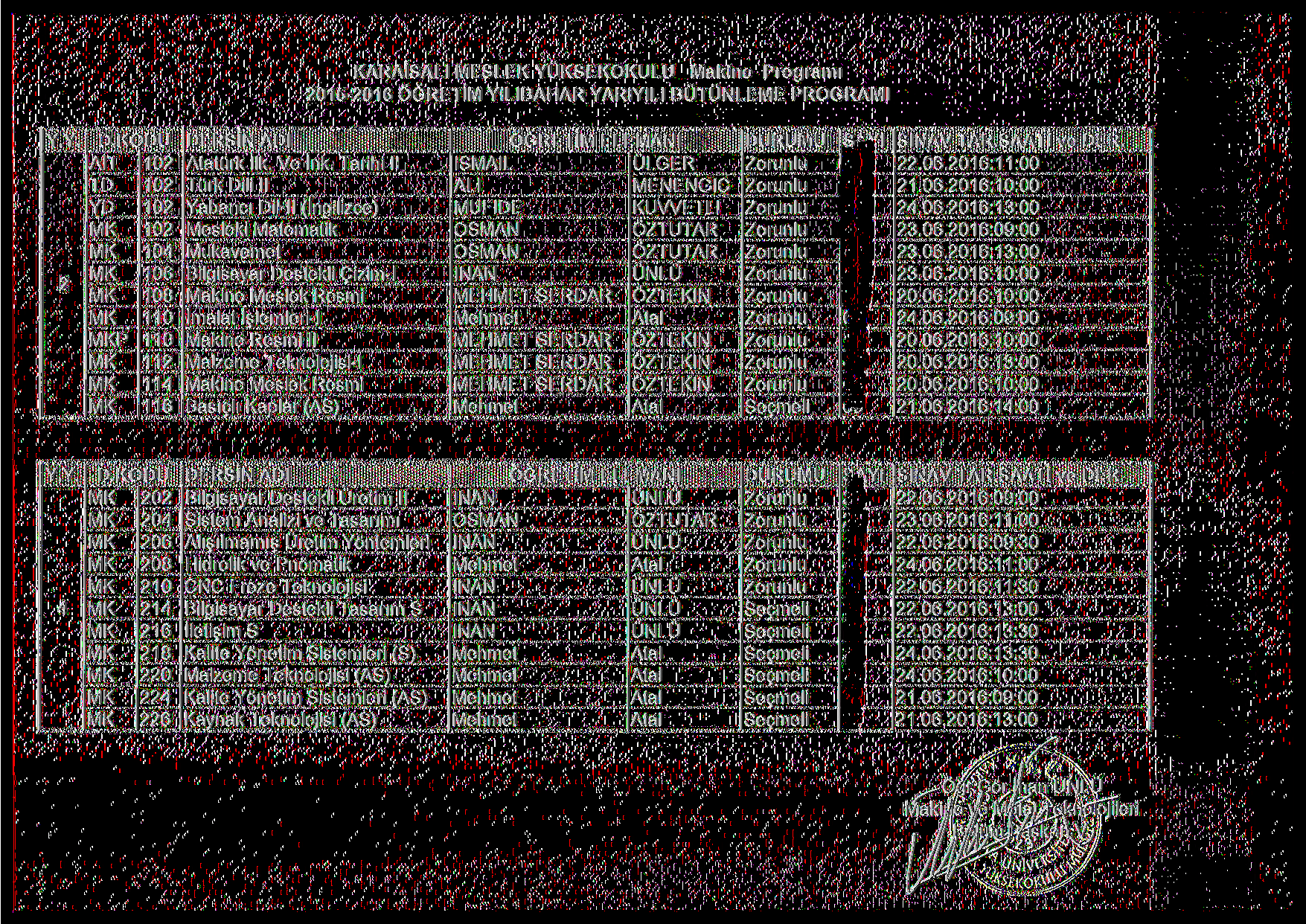 KARAİS MESLEK YÜKSEKOKULU Makine Programı 015-016 ÖĞRETİM YILIBAHAR YARIYILI BÜTÜNLEME PROGRAMI.