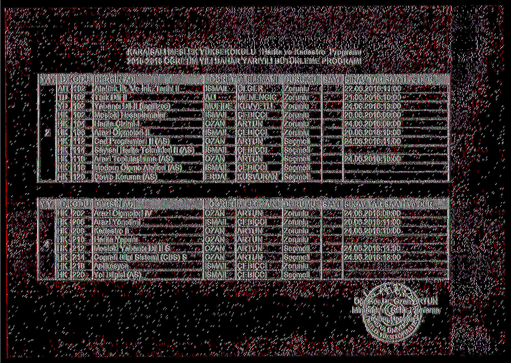 KARAİS MESLEK YÜKSEKOKULU Harita ve Kadastro Programı 015-016 ÖĞRETİM YILI BAHAR YARIYILI BÜTÜNLEME PROGRAMI ÜÜÜ _OKODU_ DERSI^ADL, 10 106 11 11 116 118 10 mm iii&kmiii 0 06 08 10 1 1 18 0 Mesleki