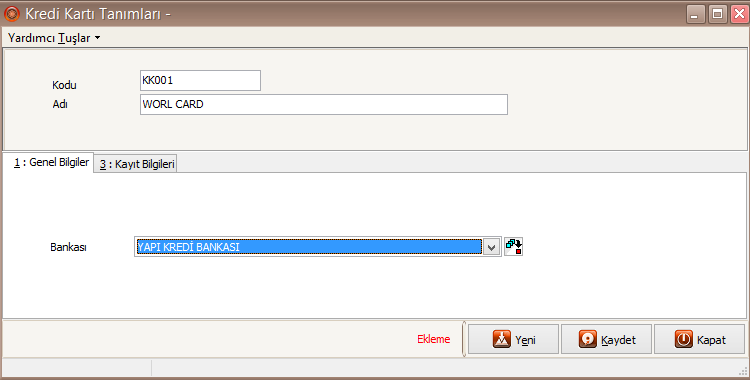 Kredi Kartı Tanımları Programımızda ki Finans Yönetimi \ İşlemler \ Kredi Kartı \ Kredi Kartı Tanımları menüsüne girilir.