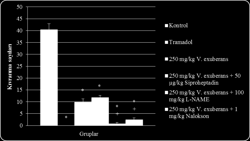 72 Şekil 4.8. V. exuberans ile kombine verilen ilaçların asetik asit ile oluşturulan writhing testi sonuçları (n=7). * p 0,05 kontrol grubuna göre + p 0,05 V.