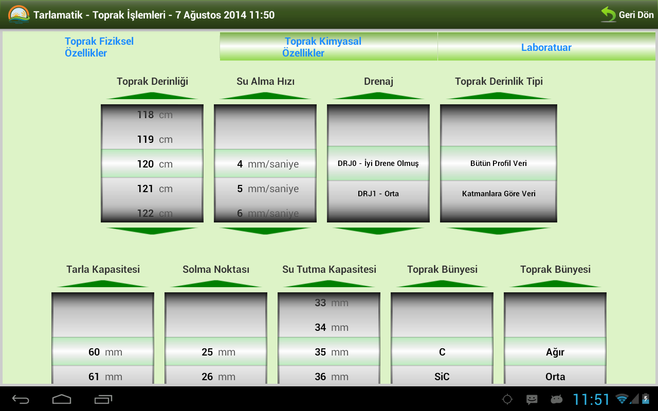 9. TOPRAK ve LABORATUVAR Ana menüde (Şekil 44) Toprak ve Laboratuvar düğmesine basılarak Şekil 86 ekranında Toprak Fiziksel Özellikleri, Toprak Kimyasal Özellikleri ve Laboratuvar Sonuçları görülür.