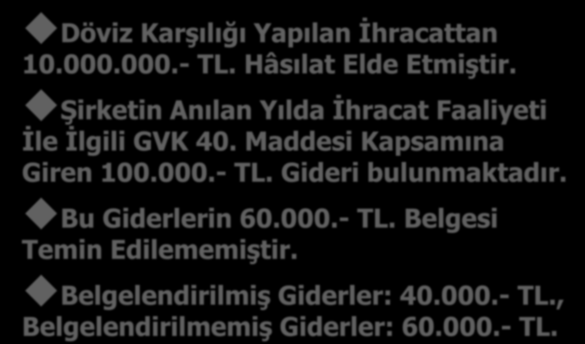 Döviz Karşılığı Yapılan İhracattan 10.000.000.- TL. Hâsılat Elde Etmiştir. Şirketin Anılan Yılda İhracat Faaliyeti İle İlgili GVK 40. Maddesi Kapsamına Giren 100.000.- TL. Gideri bulunmaktadır.