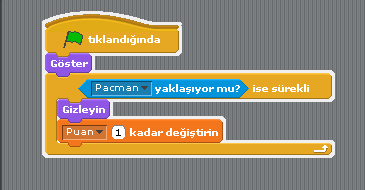 PACMAN LABİRENT Bu oyunda Pacman karakteri çizilen labirent çizgilerine çarpmadan mavi çizgiye ulaşmalıdır. Çizgilere değerse başa döner. Muz yerse puan kazanır. 1- Sahneye labirent şekli çizilir.