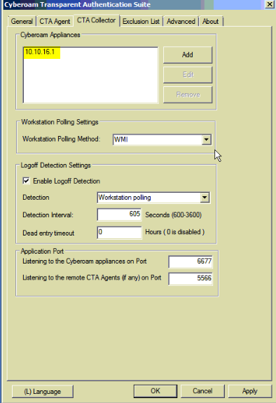 CTA Collector bölümünde Cyberoam LAN interface bacağının IP si yazılır.