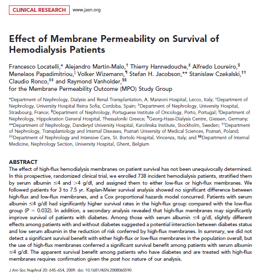 MPO çalışması ANA SONUÇ: HF kullanımı ile mortalite riskinde %24 azalma (RR: 0.76, %95 GA 0.56-1.04, p=0.09) HF ile daha az beta-2 MG birikimi (Delta beta-2 MG: HF kolunda 4.4 mg/l, LF kolunda 8.