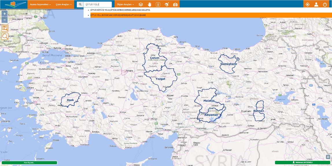 3.2. Adres İle Arama Adres ile arama aracı karakter girilerek harita üzerinden il, ilçe, bucak,