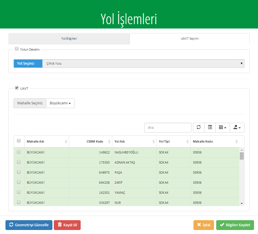 Geometriyi güncelle seçeneğini seçersek öncelikle güncellenecek yola tıklanır. Yol mavi renk aldığında istenilen yerden tutarak yolu yeniden şekillendirebiliriz.