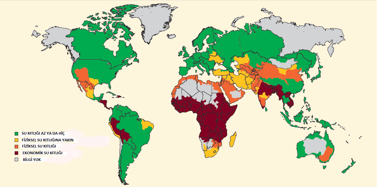 AKSARAY ÜNİVERSİTESİ İİBF DERGİSİ, Temmuz 2015, Cilt 7, Sayı 2 Kartogram 1: Dünyada Su Kıtlığı Analizi Kaynak: The Uniter Nations World Water Development Report 3; 2009: 128 Ekonomik su kıtlığı