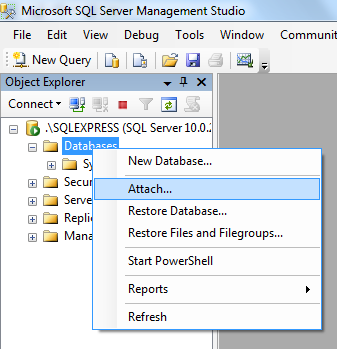 Mevcut bir veritabanı dosyasını SQL Server a eklemek için, Object Explorer içerisindeki Databases bölümüne sağ tıklayıp Attach seçeneğini seçmelisin.