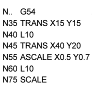 SCALE UYGULAMASI Yukarıdaki programda N35 satırında iş parçası sıfır noktası (15,15) noktasına taşınmıştır. Daha sonra N40 satırında L10 olarak alt programla yazılan büyük kontur işlenmiştir.