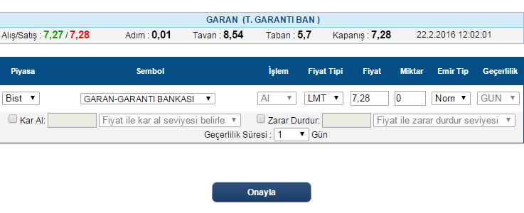 KAR AL ZARAR DURDUR EMRİ Hisse senedini alırken hangi seviyede karınızı realize edeceğinizi ya da hangi seviyeden zarar durduracağınızı biliyorsunuz. Kar al zararı durdur seviyenizi belirleyin.