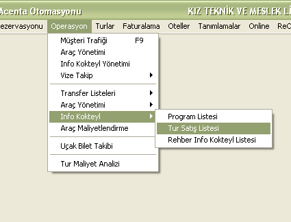 Resim 1.42: Rehber info kokteyl listesi çıktısı 1.3.2. Ġnfo Kokteyl Tur SatıĢ Listesi Çıktısını Alma Acenteler, karģıladıkları müģterileri gidilecek yere ulaģtırdıklarında ya da daha sonraki bir gün bilgilendirme toplantısı yapar.